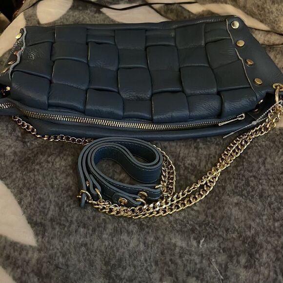 Valentina Fiore blue weave gold stud chain Italian leather shoulder bag - Picture 9 of 12